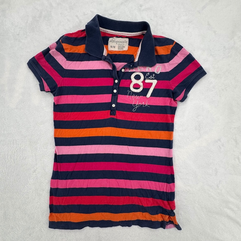 Aeropostale 87 Polo Shirt Sz Medium Striped Pink & Navy 2011 Cotton Graphic Top